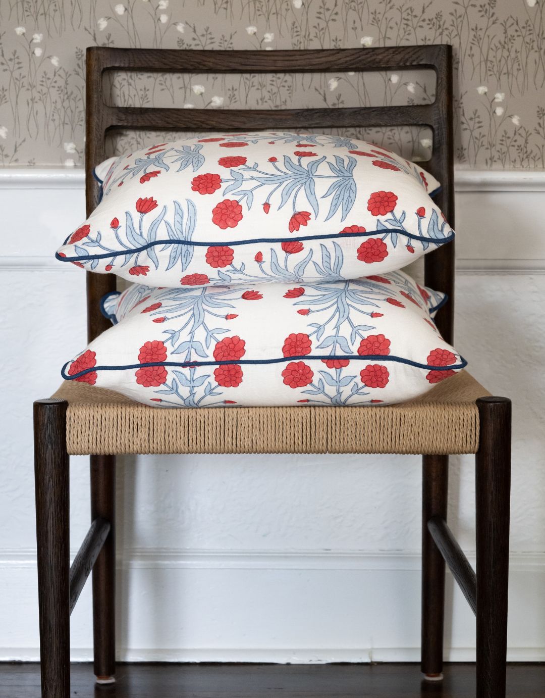 Mughal Hand Block Print Pillow - Crimson Sky with Sapphire Trim